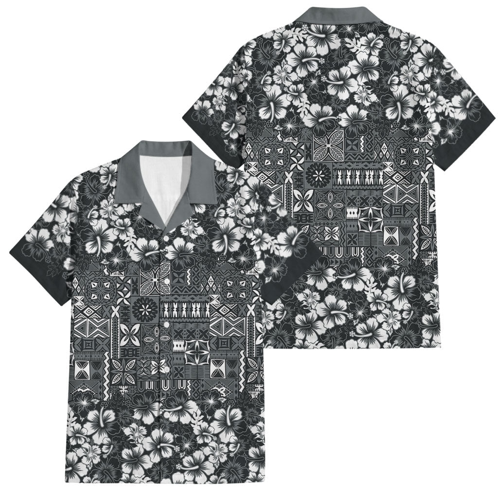 Black Hawaiian Tapa Tribal Hibiscus Family Matching Off The Shoulder Long Sleeve Dress and Hawaiian Shirt