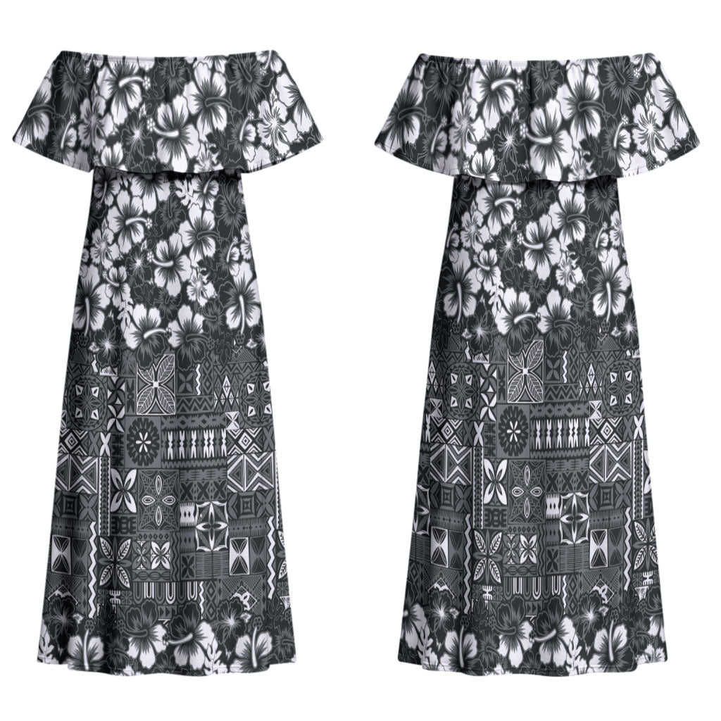 Black Hawaiian Tapa Tribal Hibiscus Family Matching Off Shoulder Maxi Dress and Hawaiian Shirt