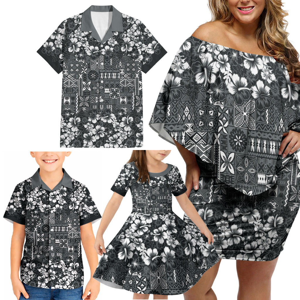 Black Hawaiian Tapa Tribal Hibiscus Family Matching Off Shoulder Short Dress and Hawaiian Shirt LT9 - Polynesian Pride