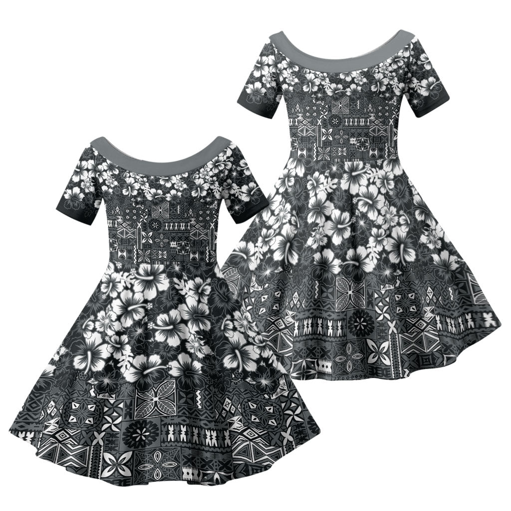 Black Hawaiian Tapa Tribal Hibiscus Family Matching Puletasi and Hawaiian Shirt