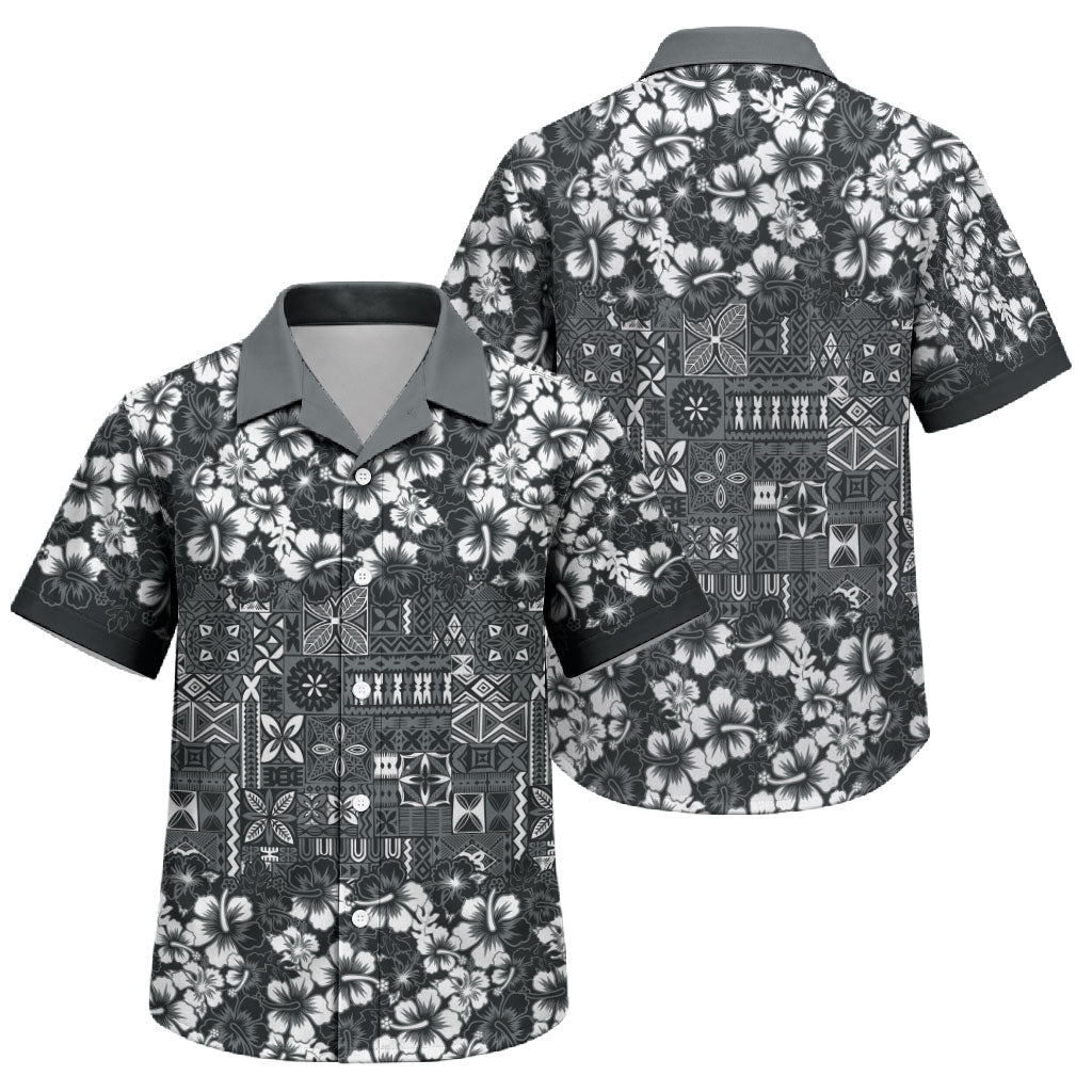 Black Hawaiian Tapa Tribal Hibiscus Family Matching Puletasi and Hawaiian Shirt