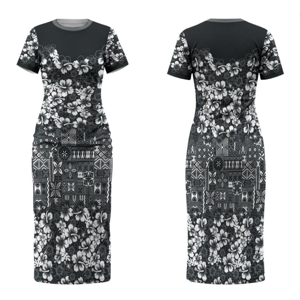 Black Hawaiian Tapa Tribal Hibiscus Family Matching Short Sleeve Bodycon Dress and Hawaiian Shirt