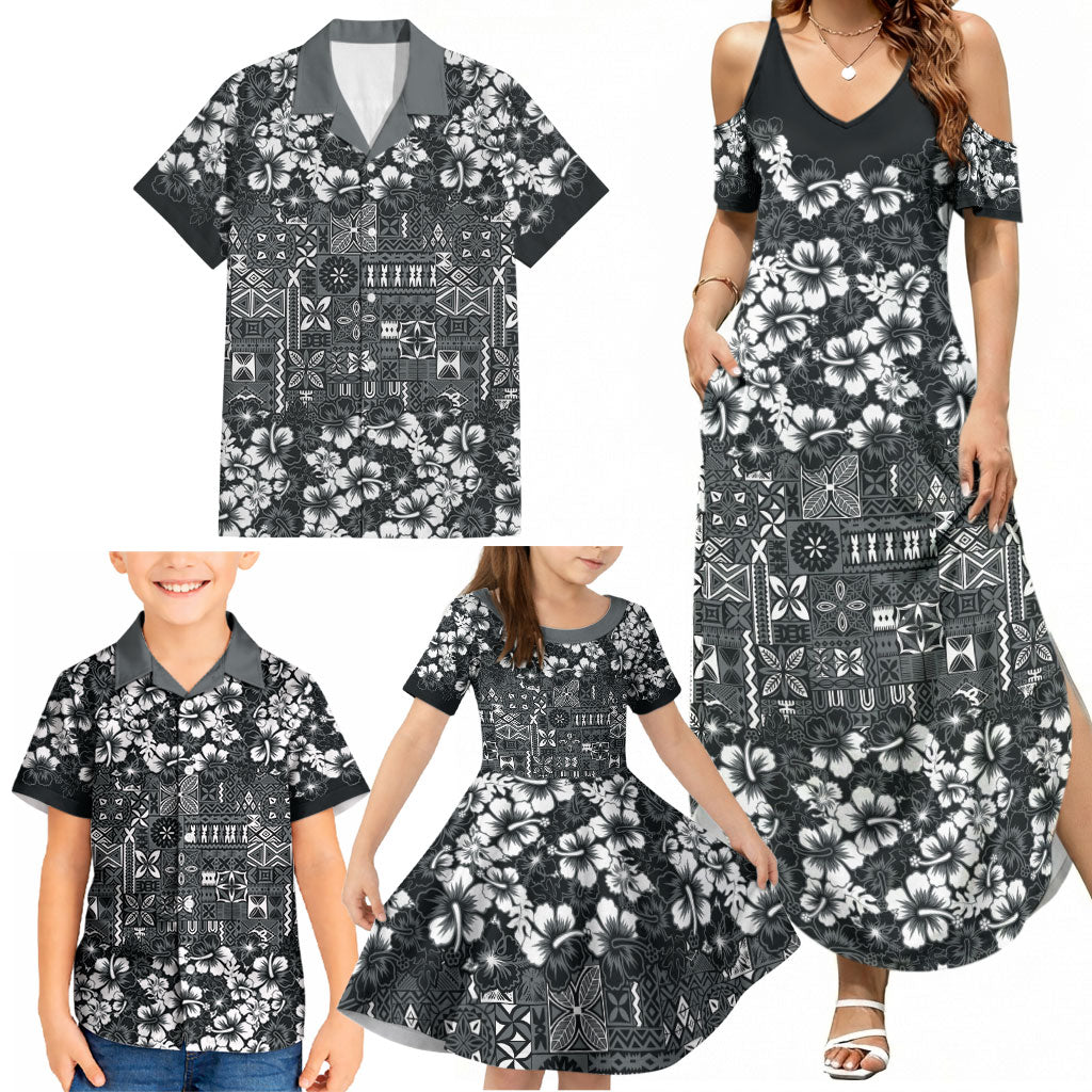 Black Hawaiian Tapa Tribal Hibiscus Family Matching Summer Maxi Dress and Hawaiian Shirt LT9 - Polynesian Pride