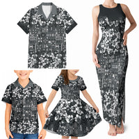 Black Hawaiian Tapa Tribal Hibiscus Family Matching Tank Maxi Dress and Hawaiian Shirt