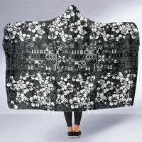 Black Hawaiian Tapa Tribal Hibiscus Hooded Blanket