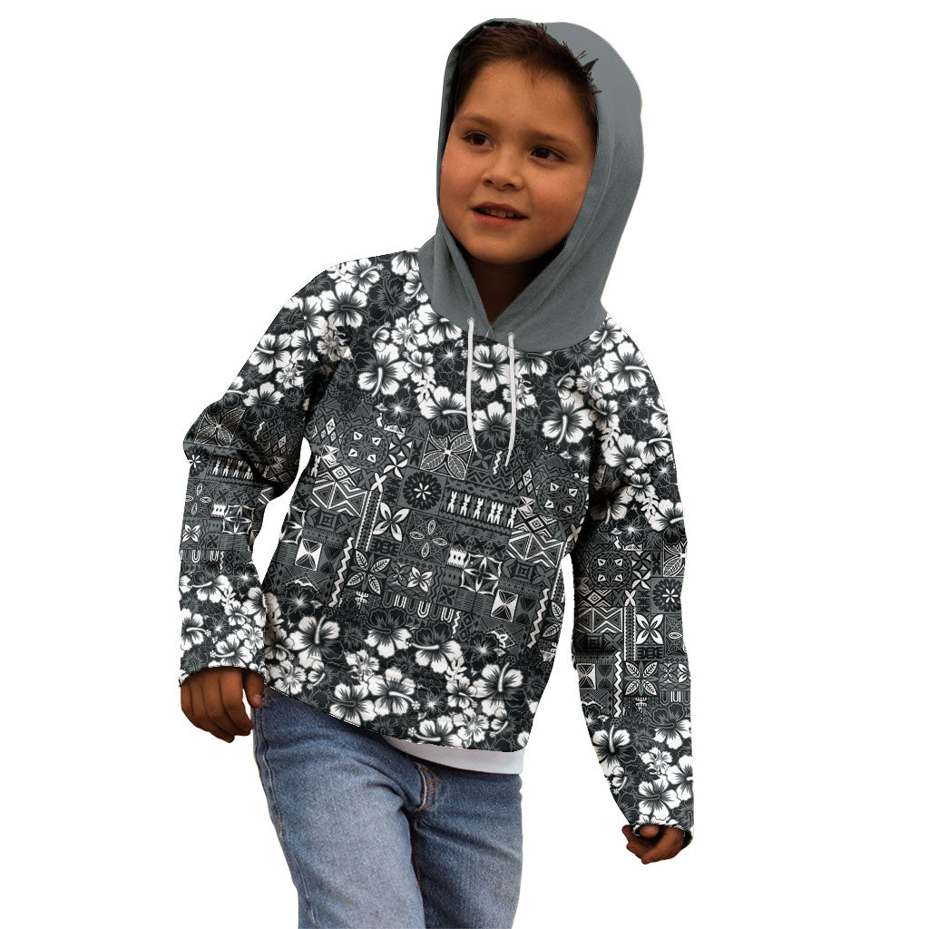 Black Hawaiian Tapa Tribal Hibiscus Kid Hoodie