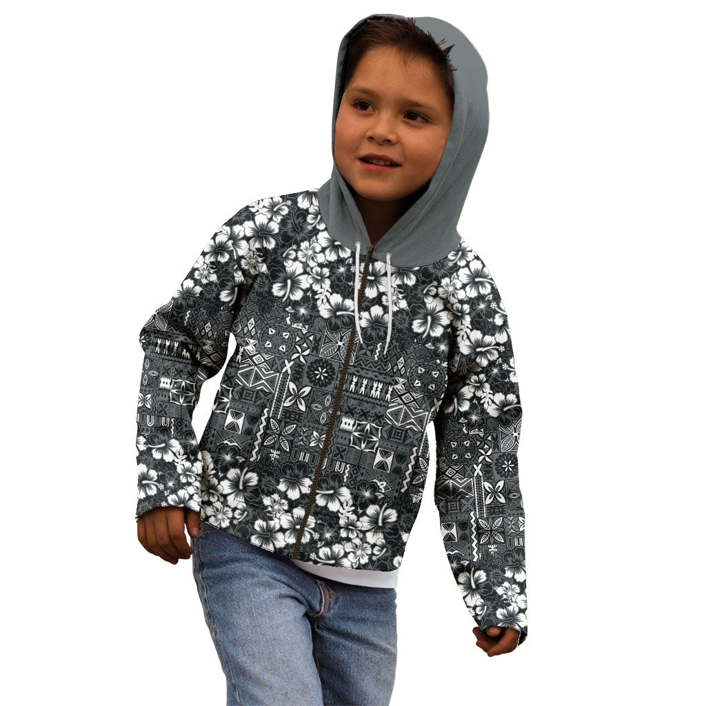 Black Hawaiian Tapa Tribal Hibiscus Kid Hoodie