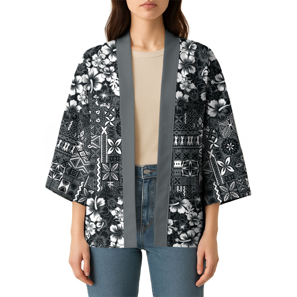 Black Hawaiian Tapa Tribal Hibiscus Kimono