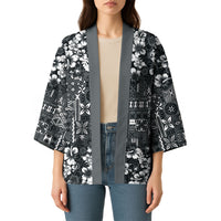 Black Hawaiian Tapa Tribal Hibiscus Kimono