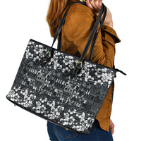 Black Hawaiian Tapa Tribal Hibiscus Leather Tote Bag