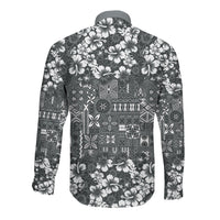 Black Hawaiian Tapa Tribal Hibiscus Long Sleeve Button Shirt