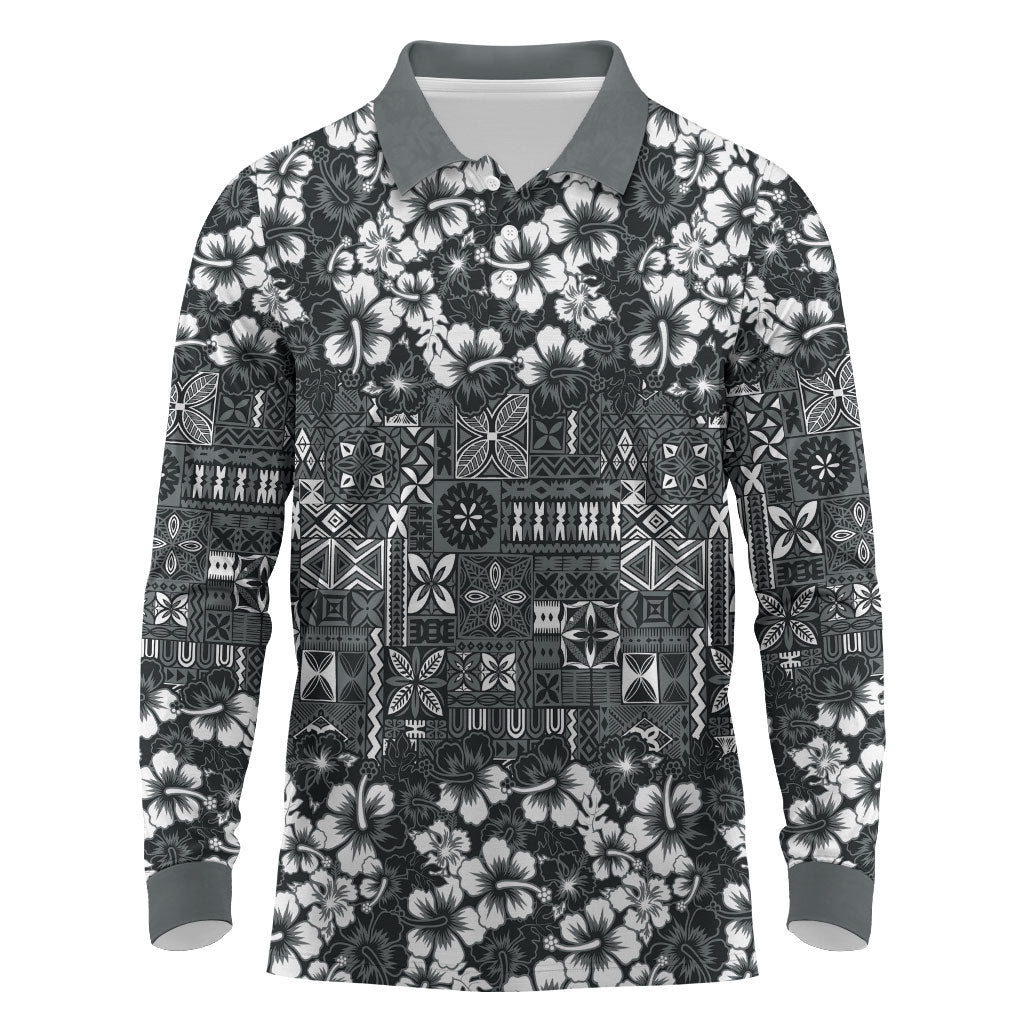 Black Hawaiian Tapa Tribal Hibiscus Long Sleeve Polo Shirt
