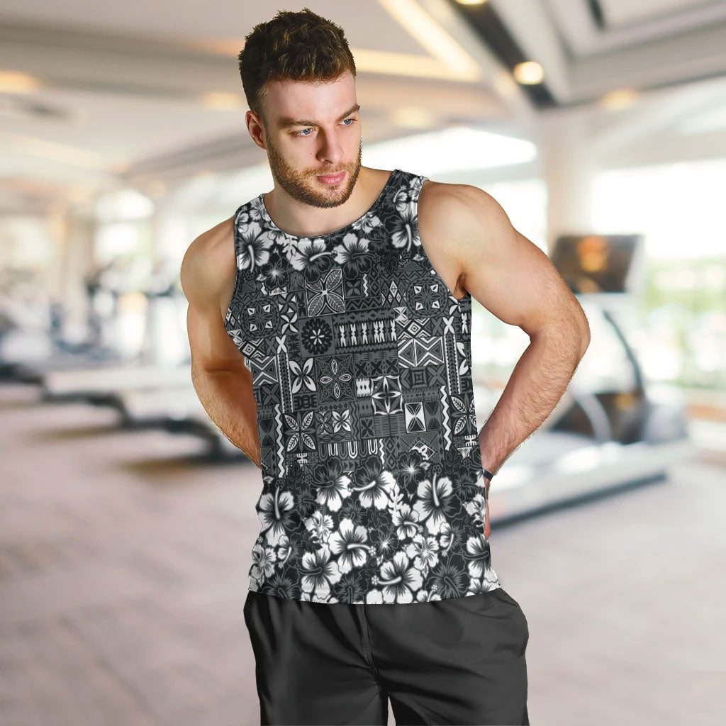 Black Hawaiian Tapa Tribal Hibiscus Men Tank Top