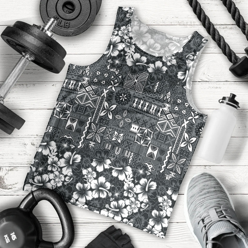 Black Hawaiian Tapa Tribal Hibiscus Men Tank Top