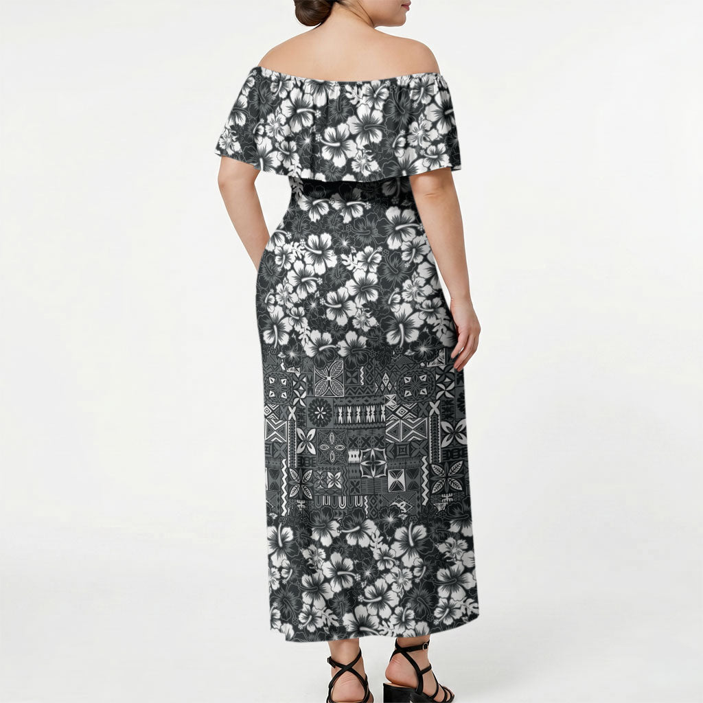 Black Hawaiian Tapa Tribal Hibiscus Off Shoulder Maxi Dress