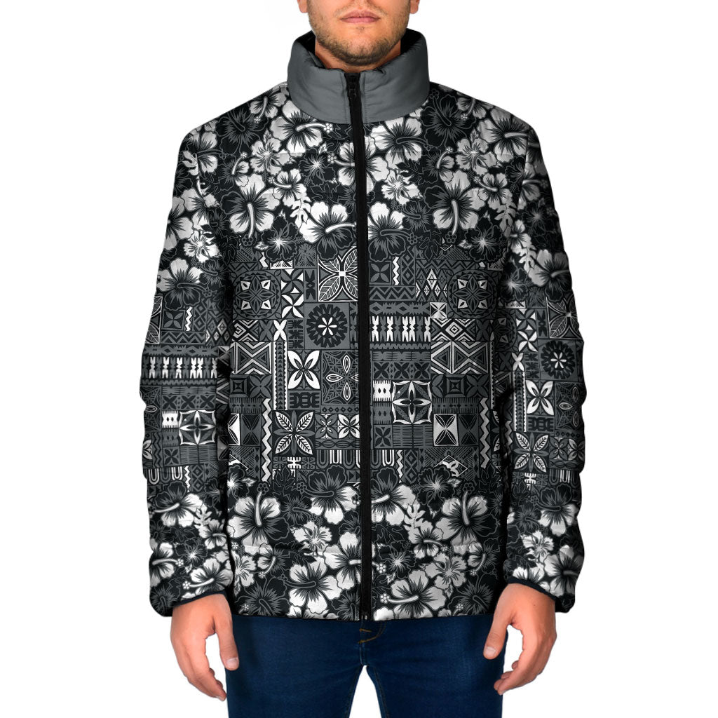 Black Hawaiian Tapa Tribal Hibiscus Padded Jacket