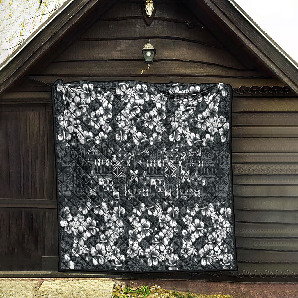 Black Hawaiian Tapa Tribal Hibiscus Quilt
