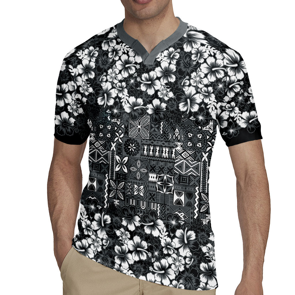 Black Hawaiian Tapa Tribal Hibiscus Rugby Jersey