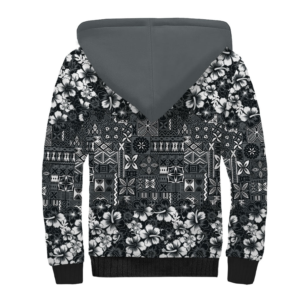 Black Hawaiian Tapa Tribal Hibiscus Sherpa Hoodie