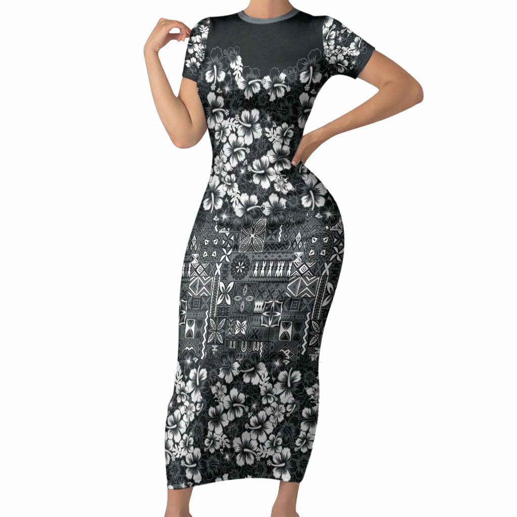 Black Hawaiian Tapa Tribal Hibiscus Short Sleeve Bodycon Dress