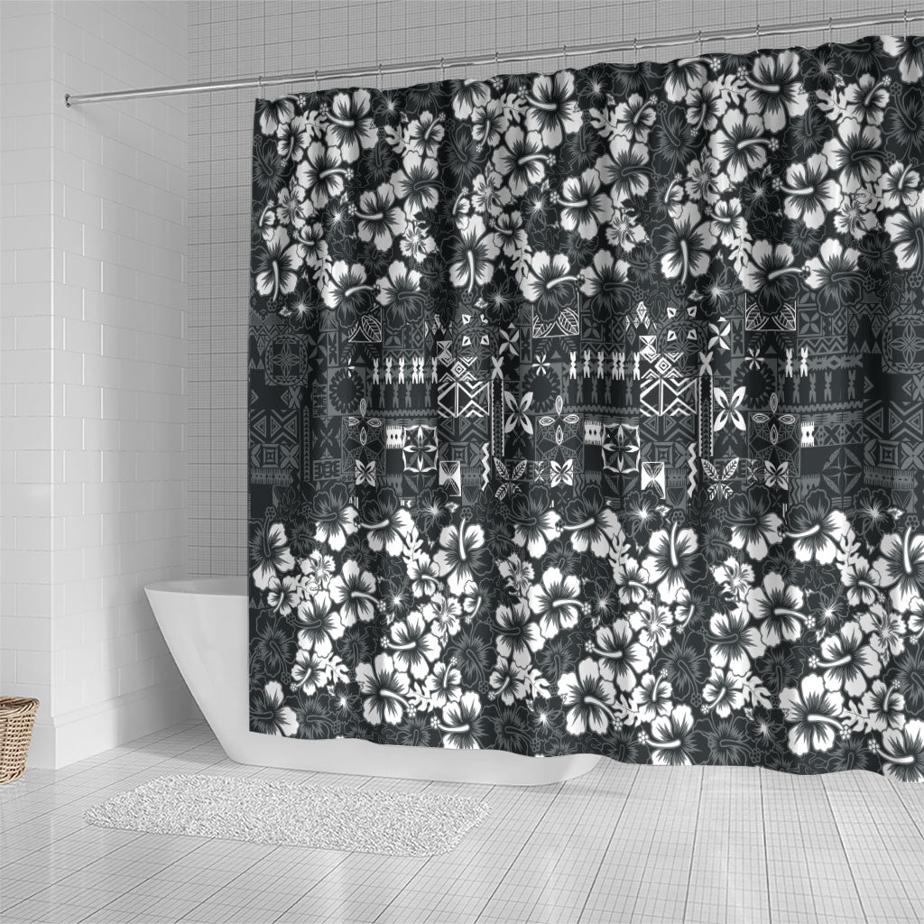 Black Hawaiian Tapa Tribal Hibiscus Shower Curtain
