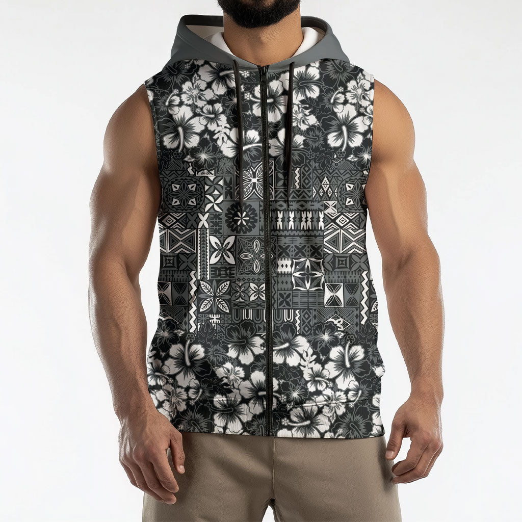 Black Hawaiian Tapa Tribal Hibiscus Sleeveless Zip Hoodie