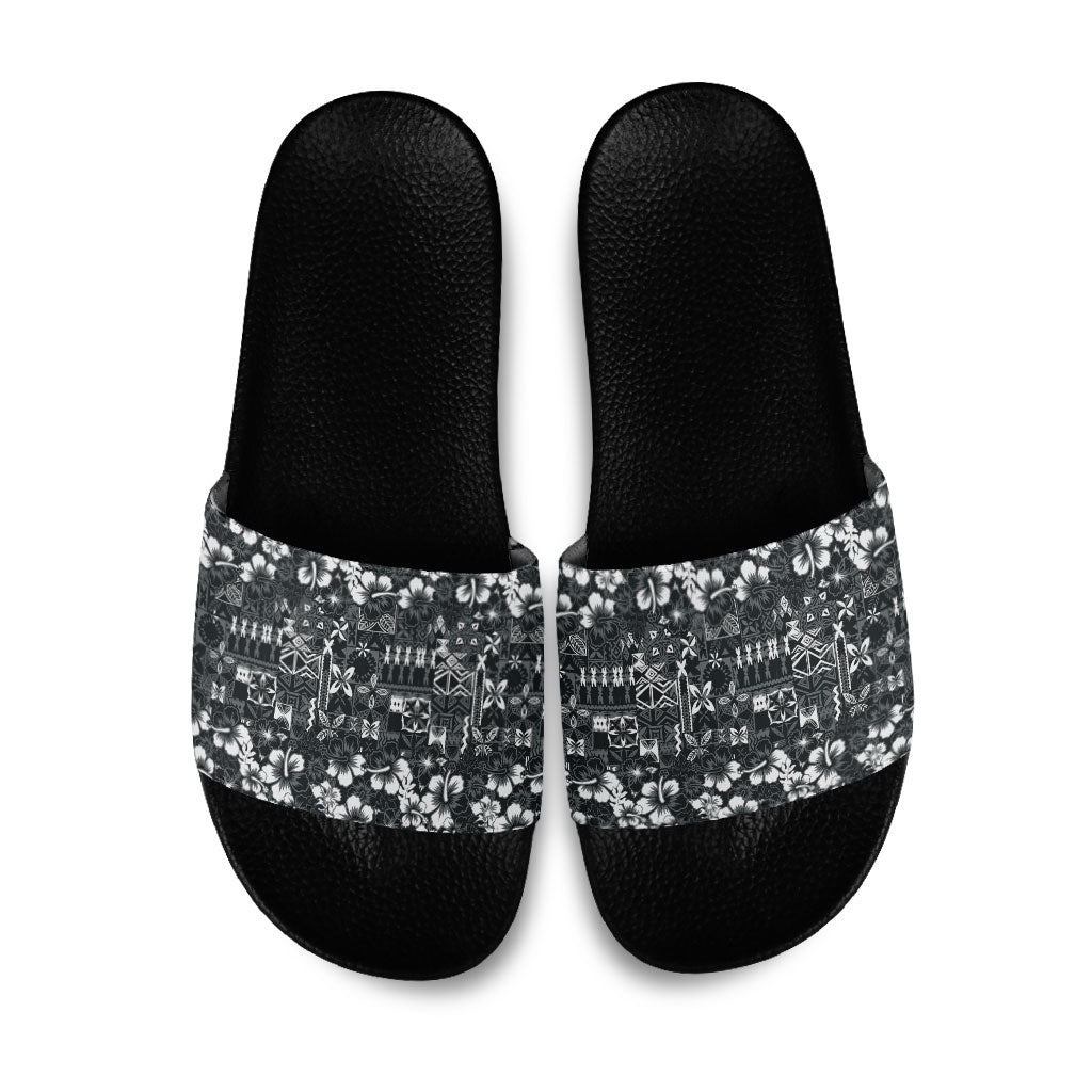 Black Hawaiian Tapa Tribal Hibiscus Slide Sandals