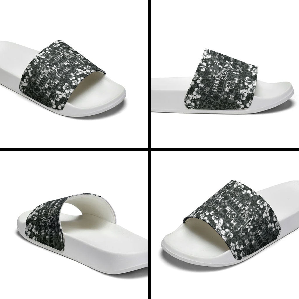 Black Hawaiian Tapa Tribal Hibiscus Slide Sandals
