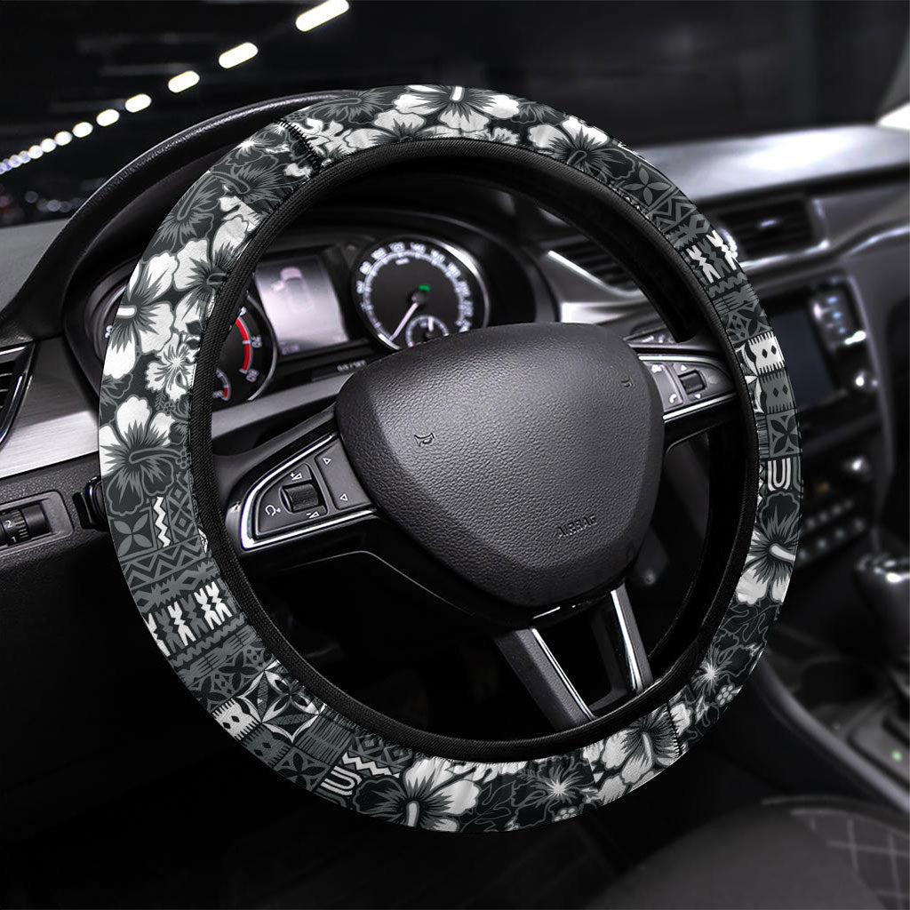 Black Hawaiian Tapa Tribal Hibiscus Steering Wheel Cover