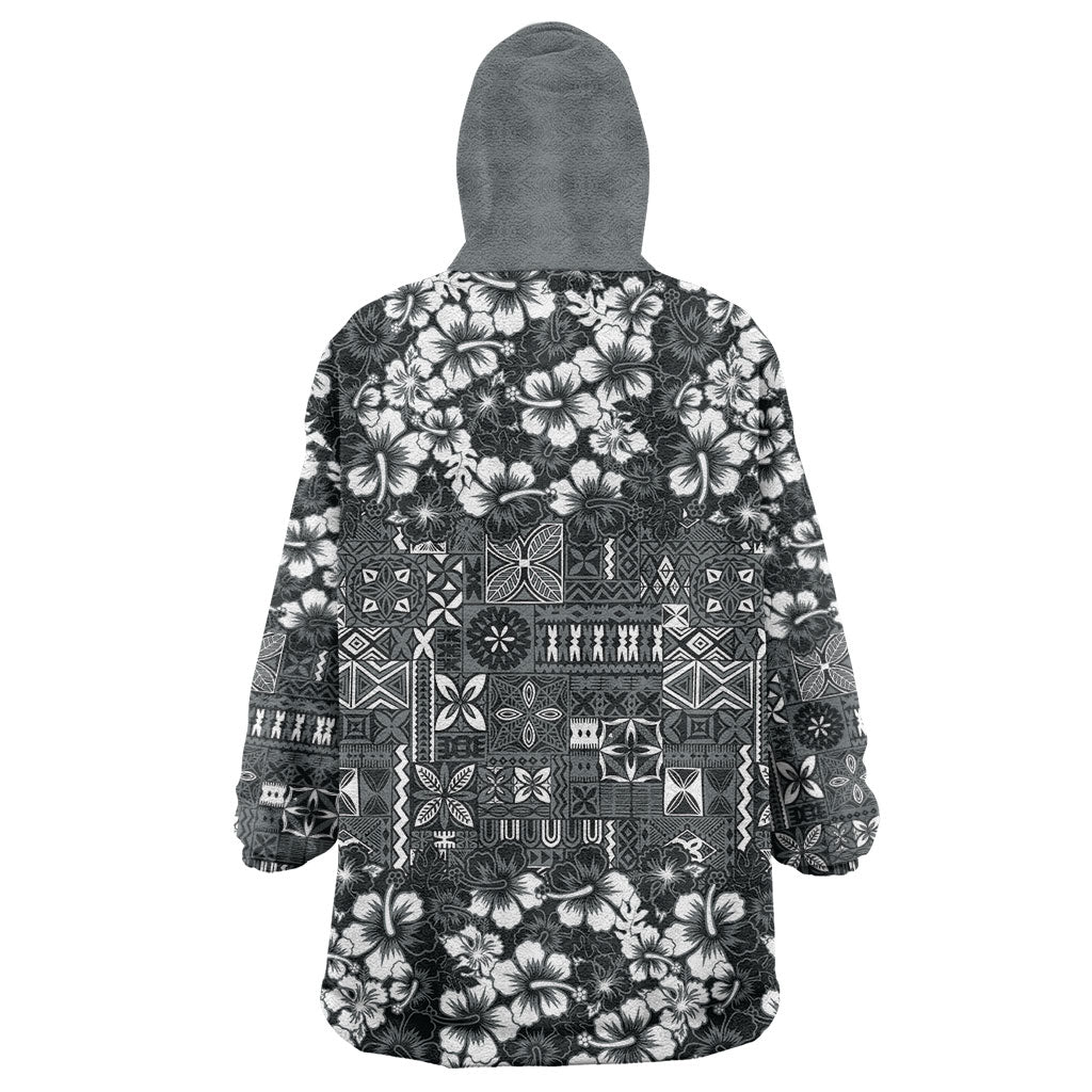 Black Hawaiian Tapa Tribal Hibiscus Wearable Blanket Hoodie