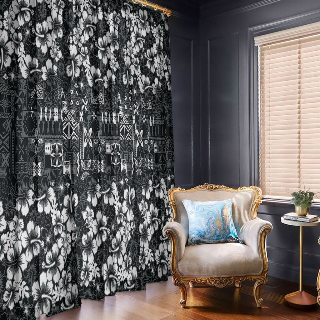 Black Hawaiian Tapa Tribal Hibiscus Window Curtain