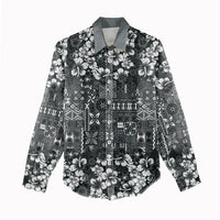 Black Hawaiian Tapa Tribal Hibiscus Women Casual Shirt