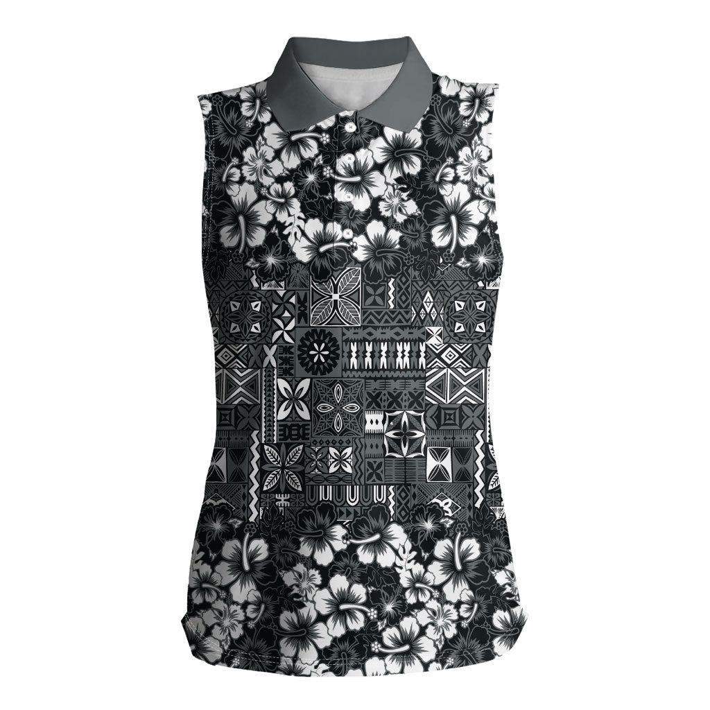 Black Hawaiian Tapa Tribal Hibiscus Women Sleeveless Polo Shirt