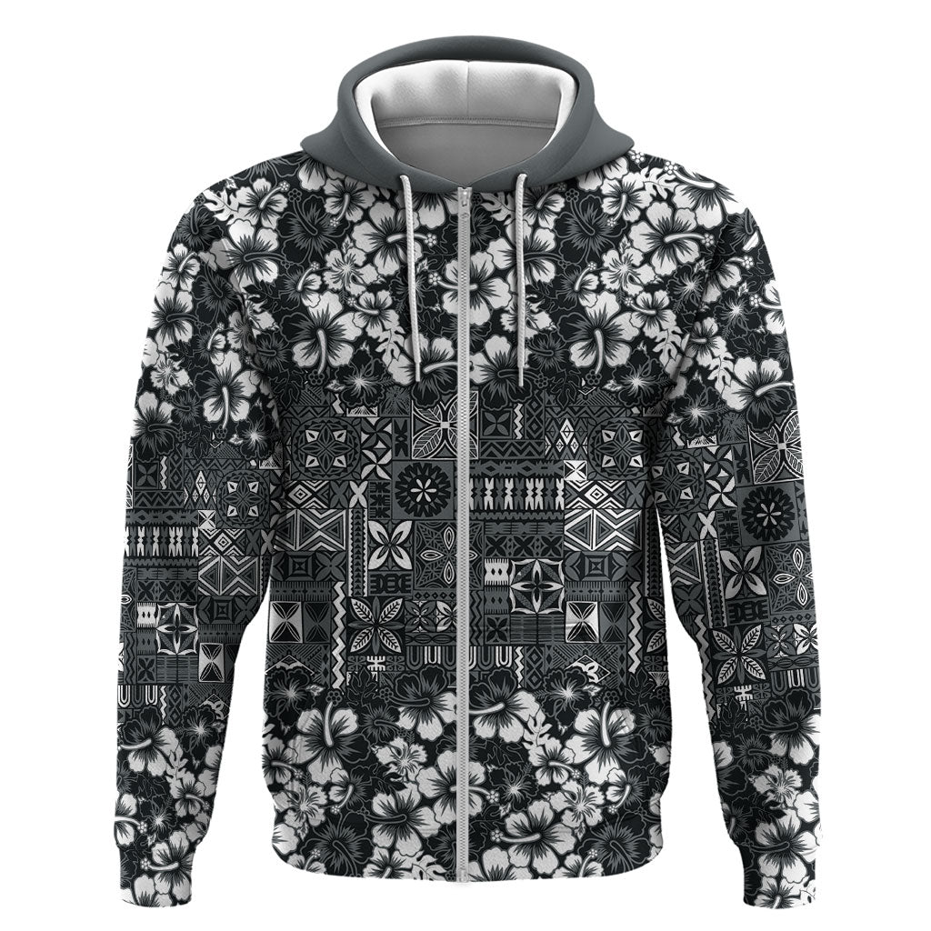Black Hawaiian Tapa Tribal Hibiscus Zip Hoodie