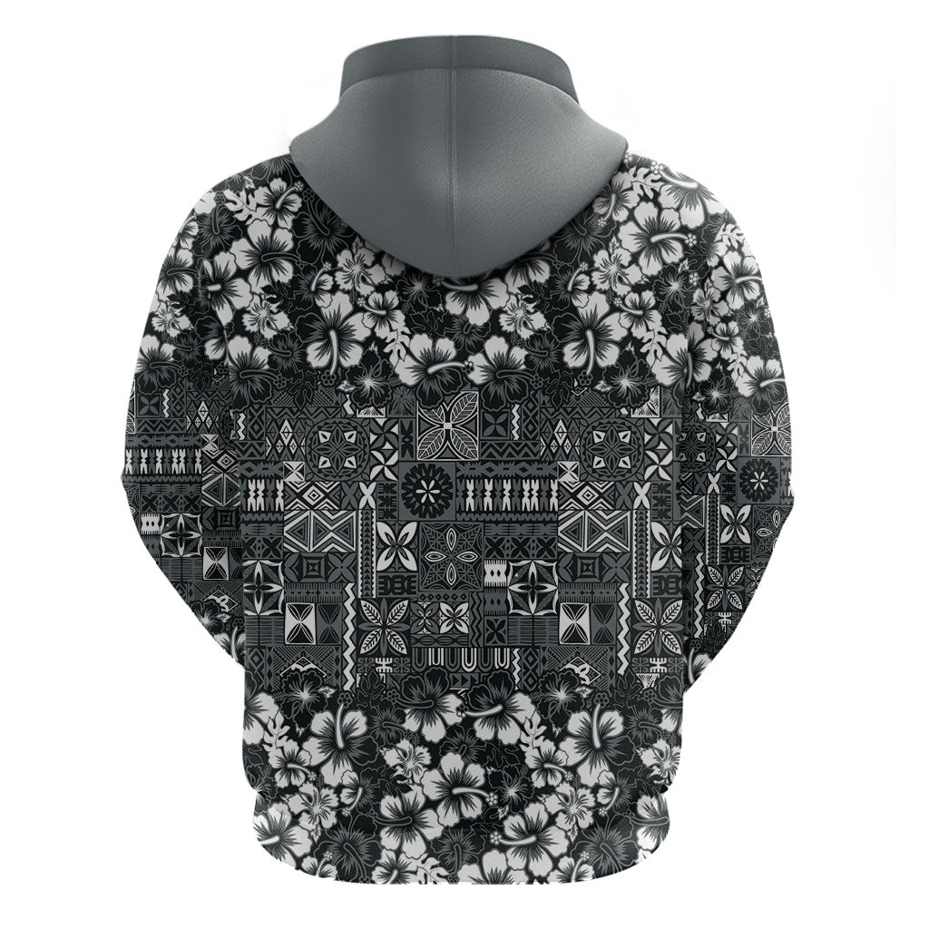 Black Hawaiian Tapa Tribal Hibiscus Zip Hoodie