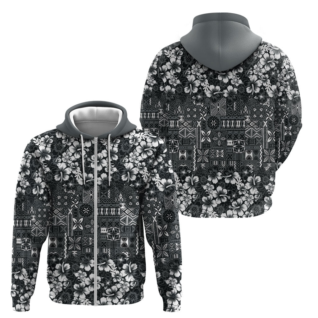 Black Hawaiian Tapa Tribal Hibiscus Zip Hoodie