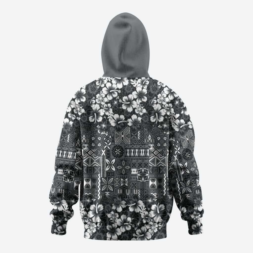 Black Hawaiian Tapa Tribal Hibiscus Zip Hoodie