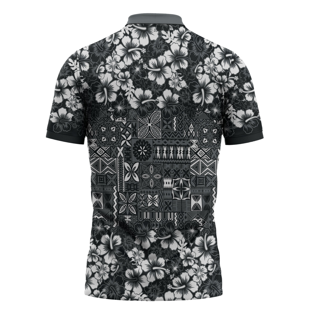 Black Hawaiian Tapa Tribal Hibiscus Zipper Polo Shirt