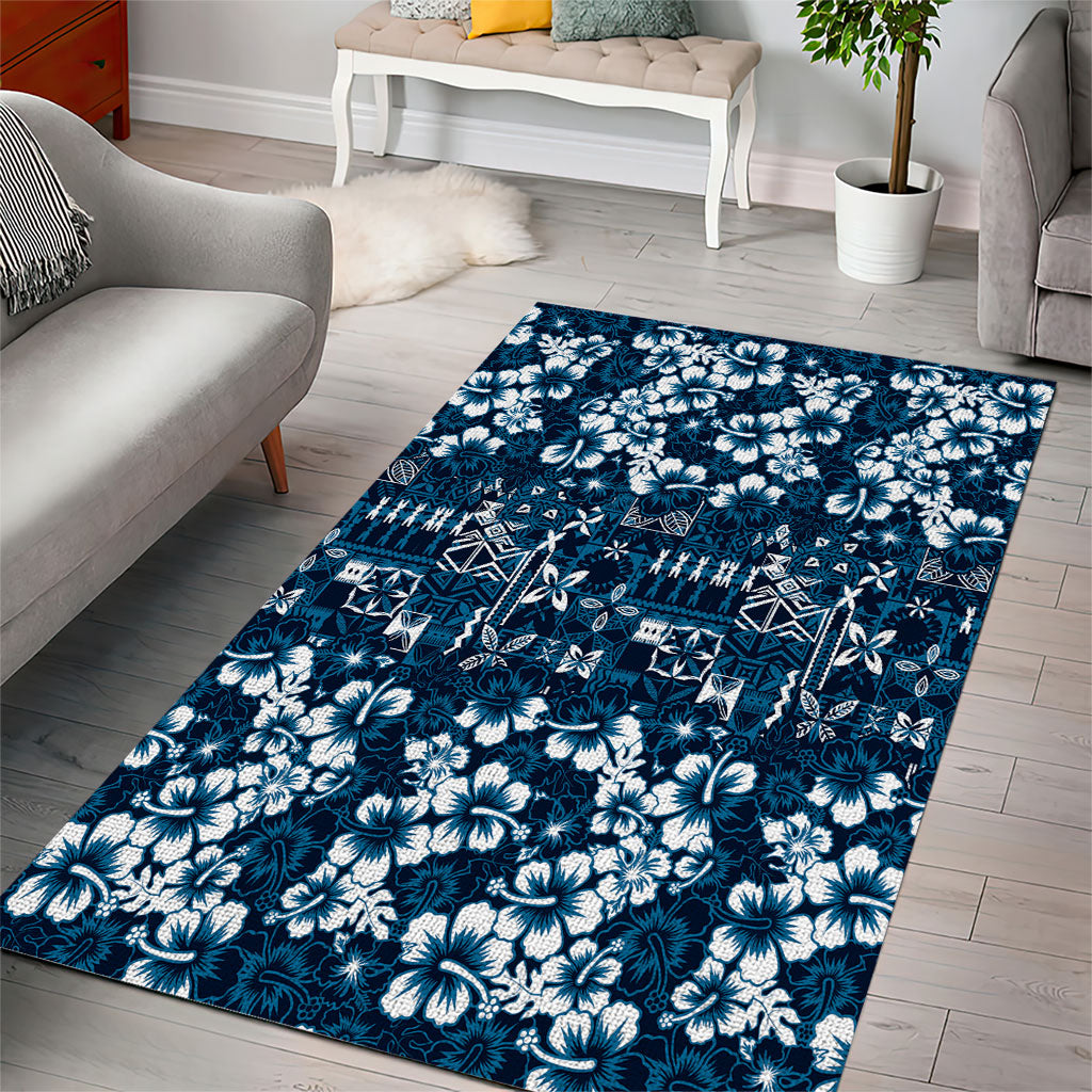 Blue Hawaiian Tapa Tribal Hibiscus Area Rug