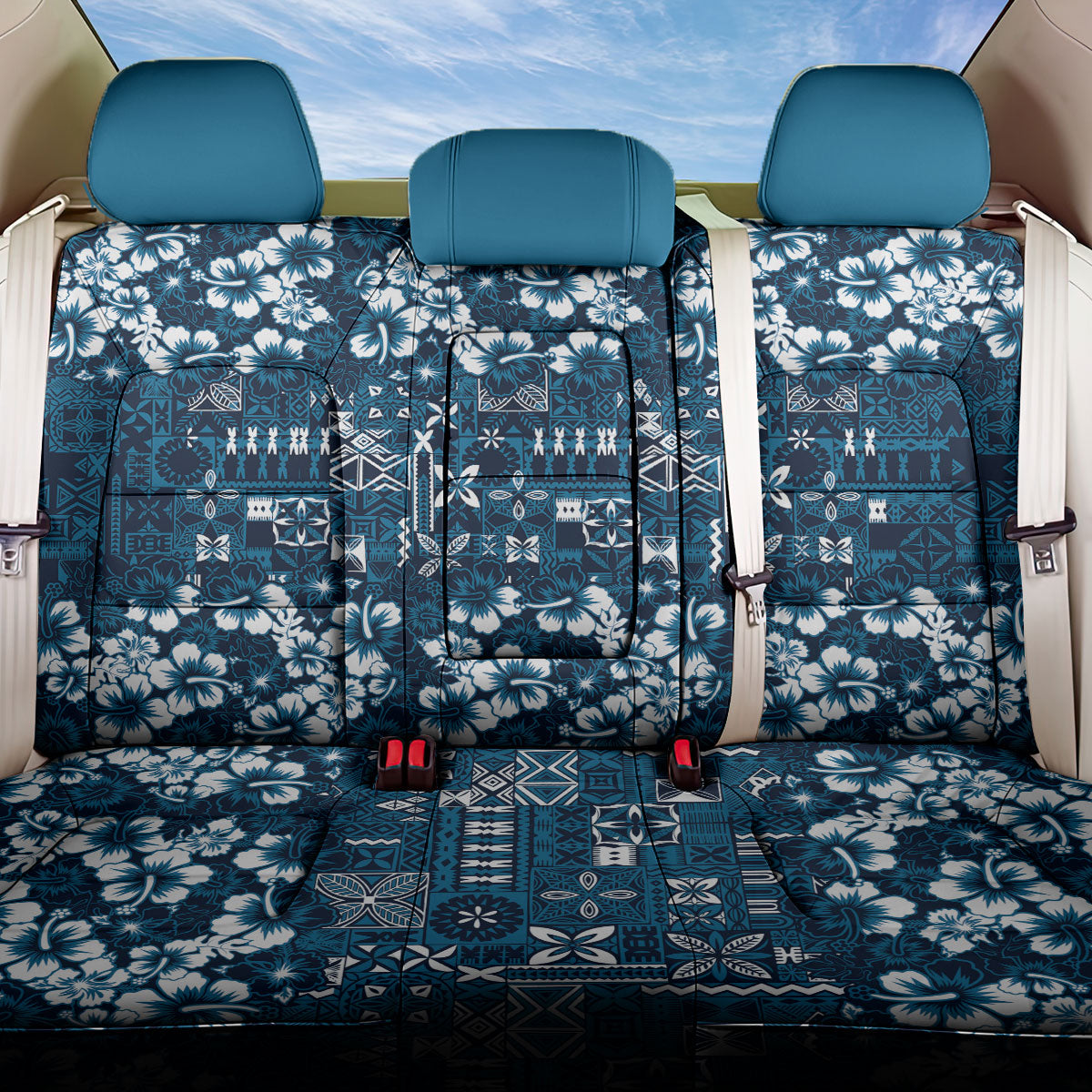 Blue Hawaiian Tapa Tribal Hibiscus Back Car Seat Cover