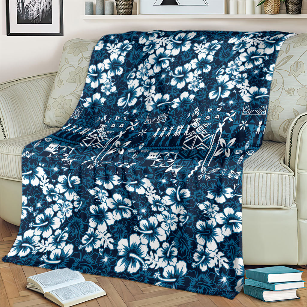 Blue Hawaiian Tapa Tribal Hibiscus Blanket