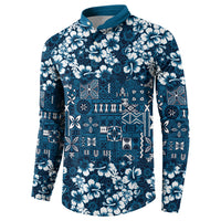 Blue Hawaiian Tapa Tribal Hibiscus Button Sweatshirt