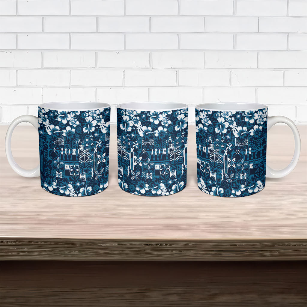 Blue Hawaiian Tapa Tribal Hibiscus Ceramic Mug