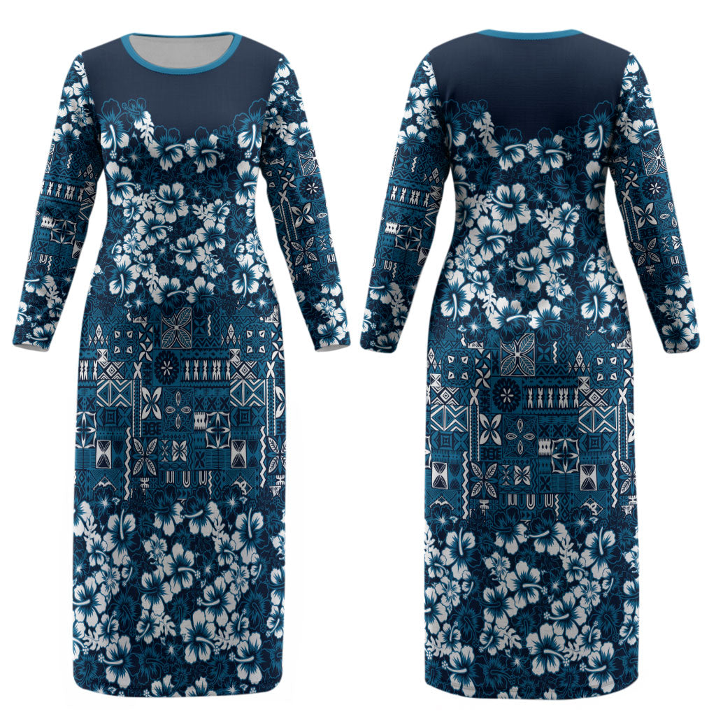 Blue Hawaiian Tapa Tribal Hibiscus Couples Matching Long Sleeve Bodycon Dress and Hawaiian Shirt