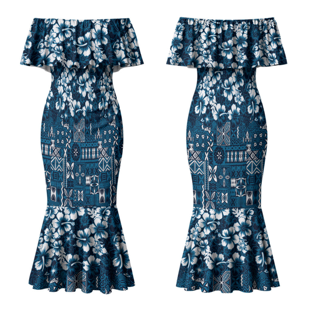 Blue Hawaiian Tapa Tribal Hibiscus Couples Matching Mermaid Dress and Hawaiian Shirt