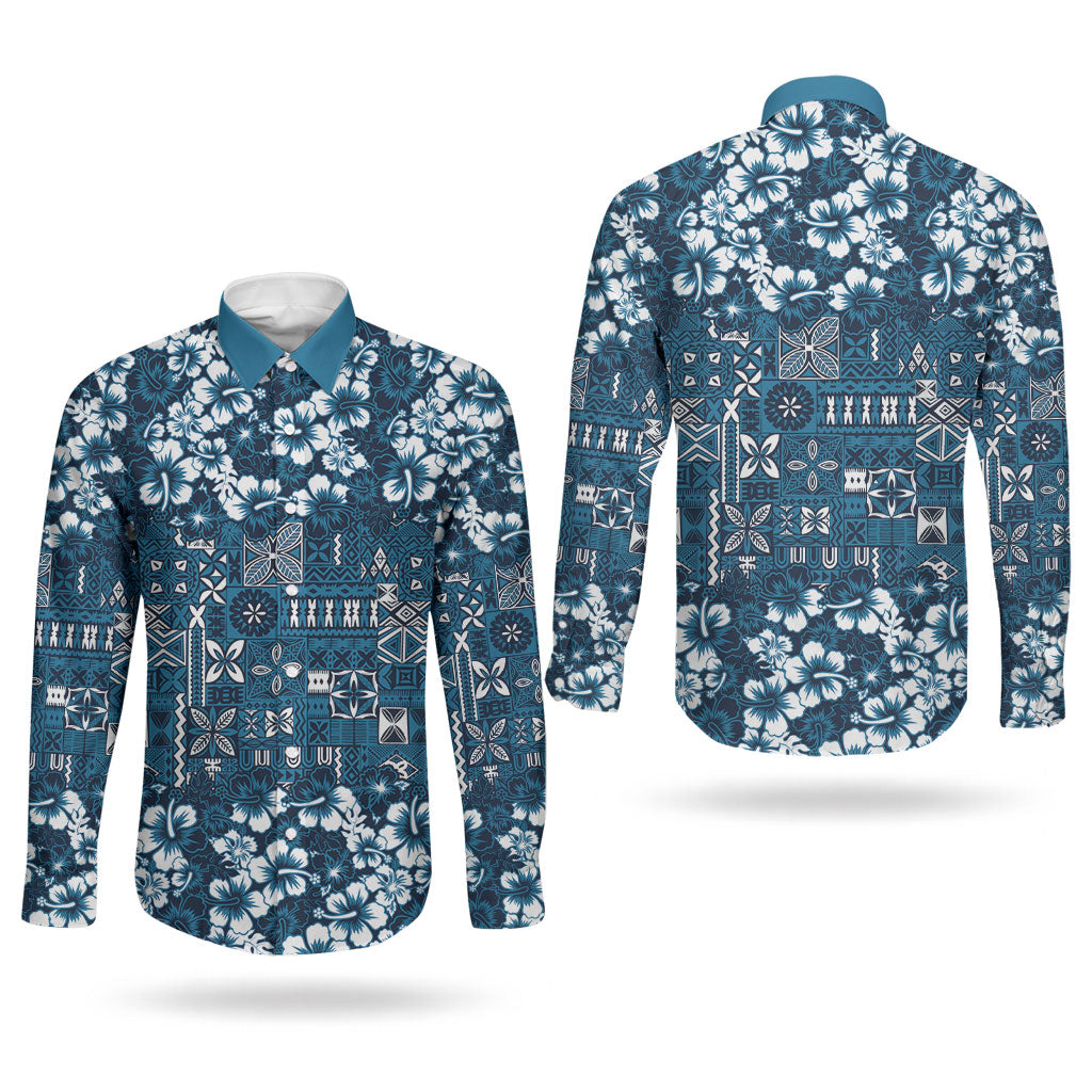 Blue Hawaiian Tapa Tribal Hibiscus Couples Matching Off Shoulder Maxi Dress and Long Sleeve Button Shirt