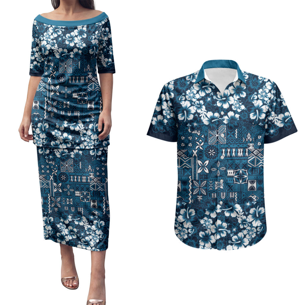 Blue Hawaiian Tapa Tribal Hibiscus Couples Matching Puletasi and Hawaiian Shirt