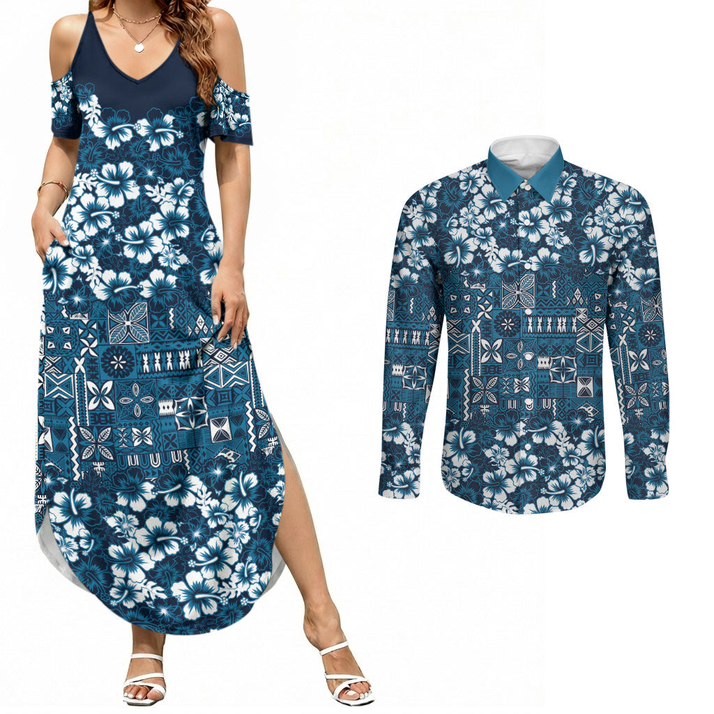Blue Hawaiian Tapa Tribal Hibiscus Couples Matching Summer Maxi Dress and Long Sleeve Button Shirt