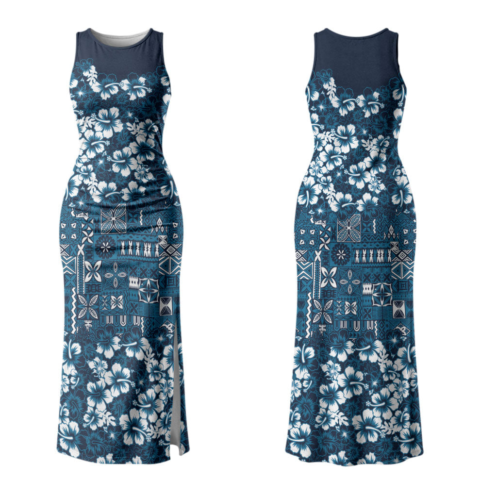 Blue Hawaiian Tapa Tribal Hibiscus Couples Matching Tank Maxi Dress and Long Sleeve Button Shirt
