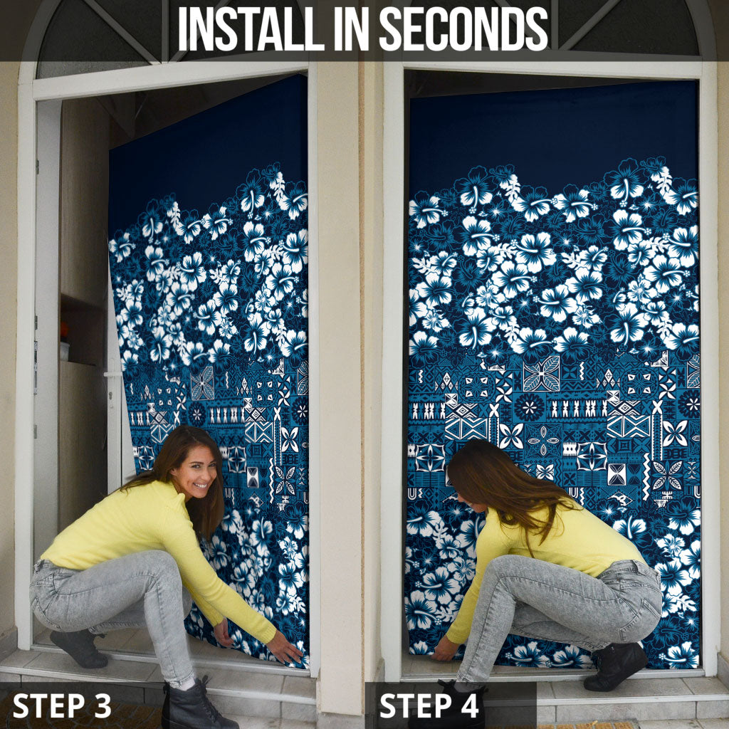 Blue Hawaiian Tapa Tribal Hibiscus Door Cover